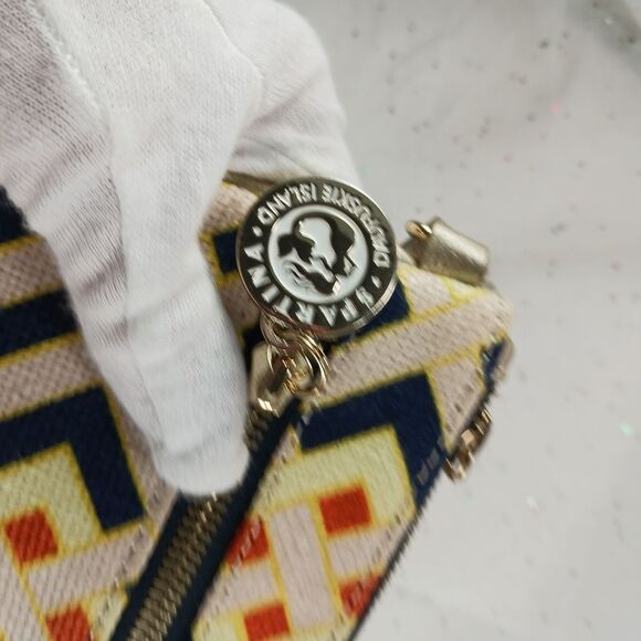 Spartina 449 Daufuskie Wristlet Wallet Linen Leather Navy Beige Geometric - Picture 7 of 12